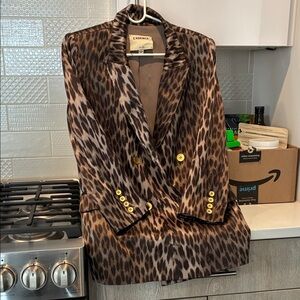 L'AGENCE Brown Leopard Print Double-Breasted Blazer with Gold Buttons
2